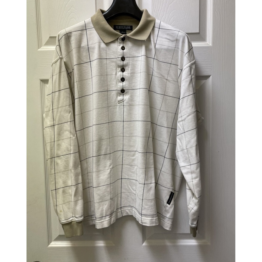 VTN Structure Men's‎ L Rugby Shirt Ivory & Khaki Y2K Grunge Fit 6 Button Closure